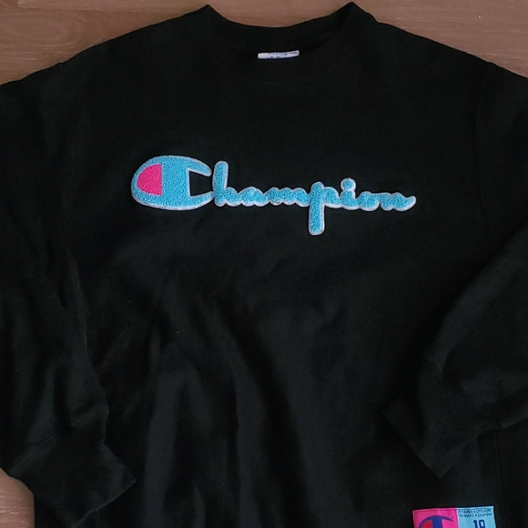 Champion Reverse Weave Sweatshirt Script Logo Medium Black Teal Pink Vintage - Picture 2 of 6